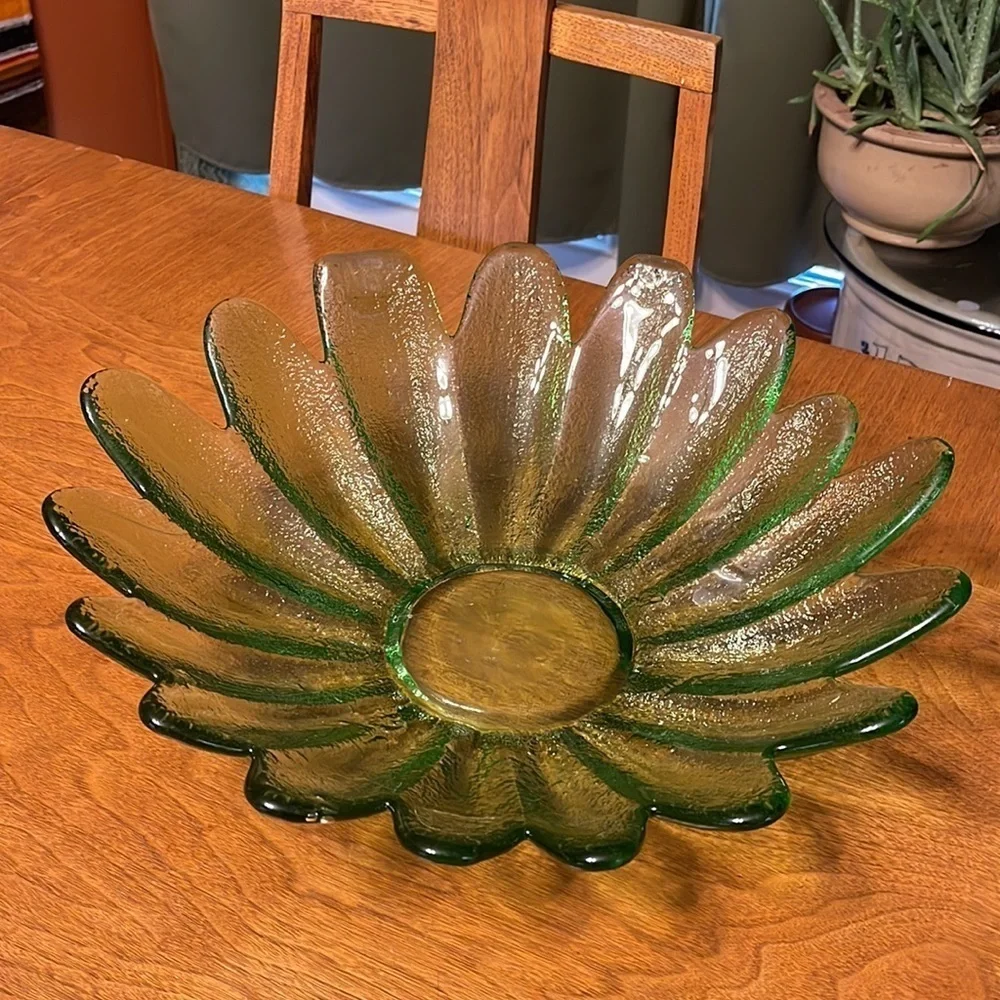 Vintage Blown Glass Daisy Bowl Green Glass Decorative Bowl Oversized Daisy Bowl